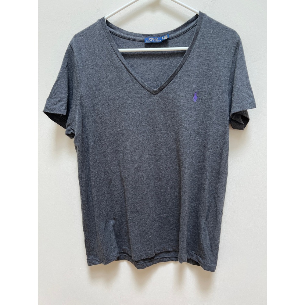 Polo Ralph Lauren T-Shirt Women XL Grey V-Neck Short Sleeve Purple Pony Cotton